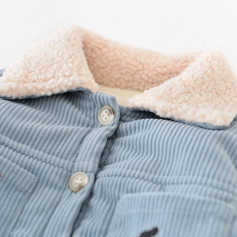 Blue Pup Corduroy Romper snap closure detail