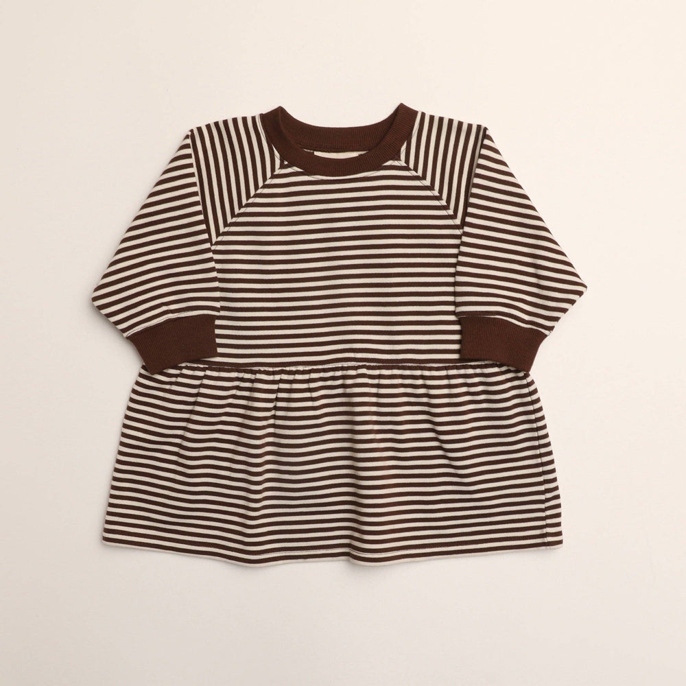 Kelsey Dress in Turtledove Chocolate Stripe detail view