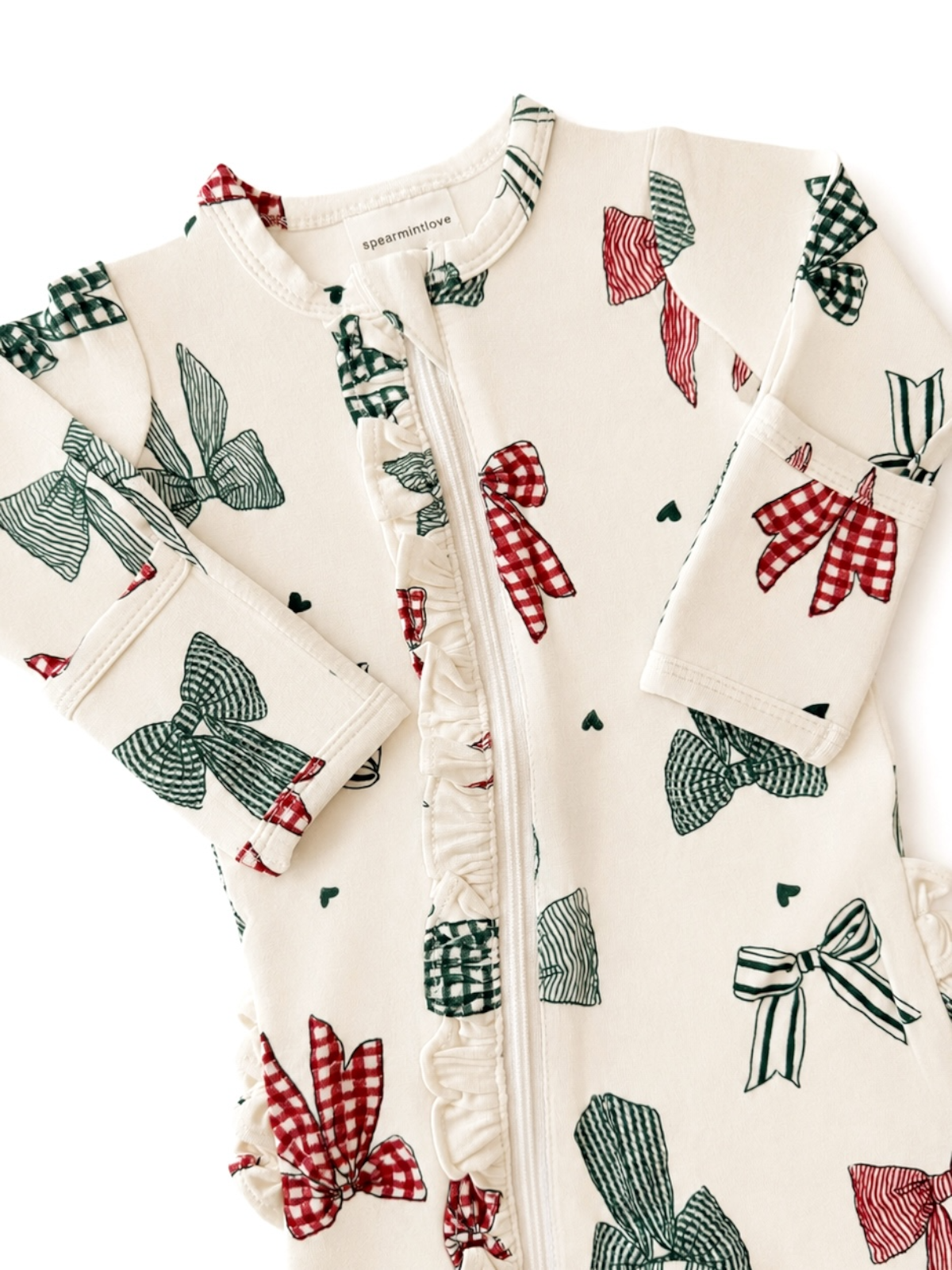 Ruffle Footie Country Christmas Bows zipper detail