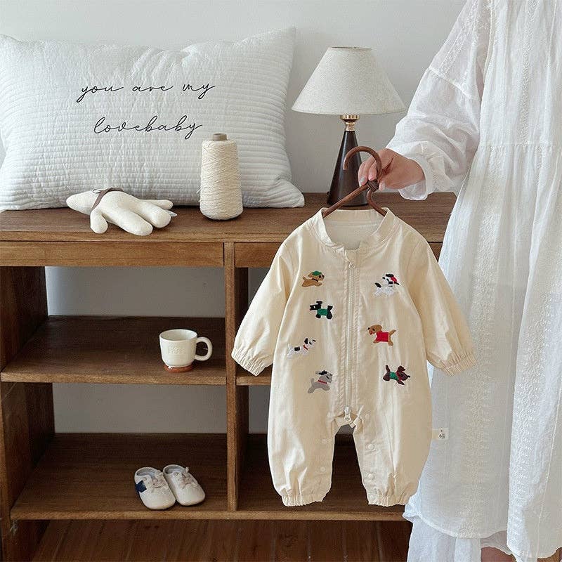 Puppy Color Block Romper puppy print detail