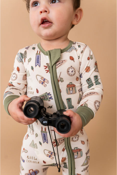 Little Explorer Zip Romper baby pajamas camping print