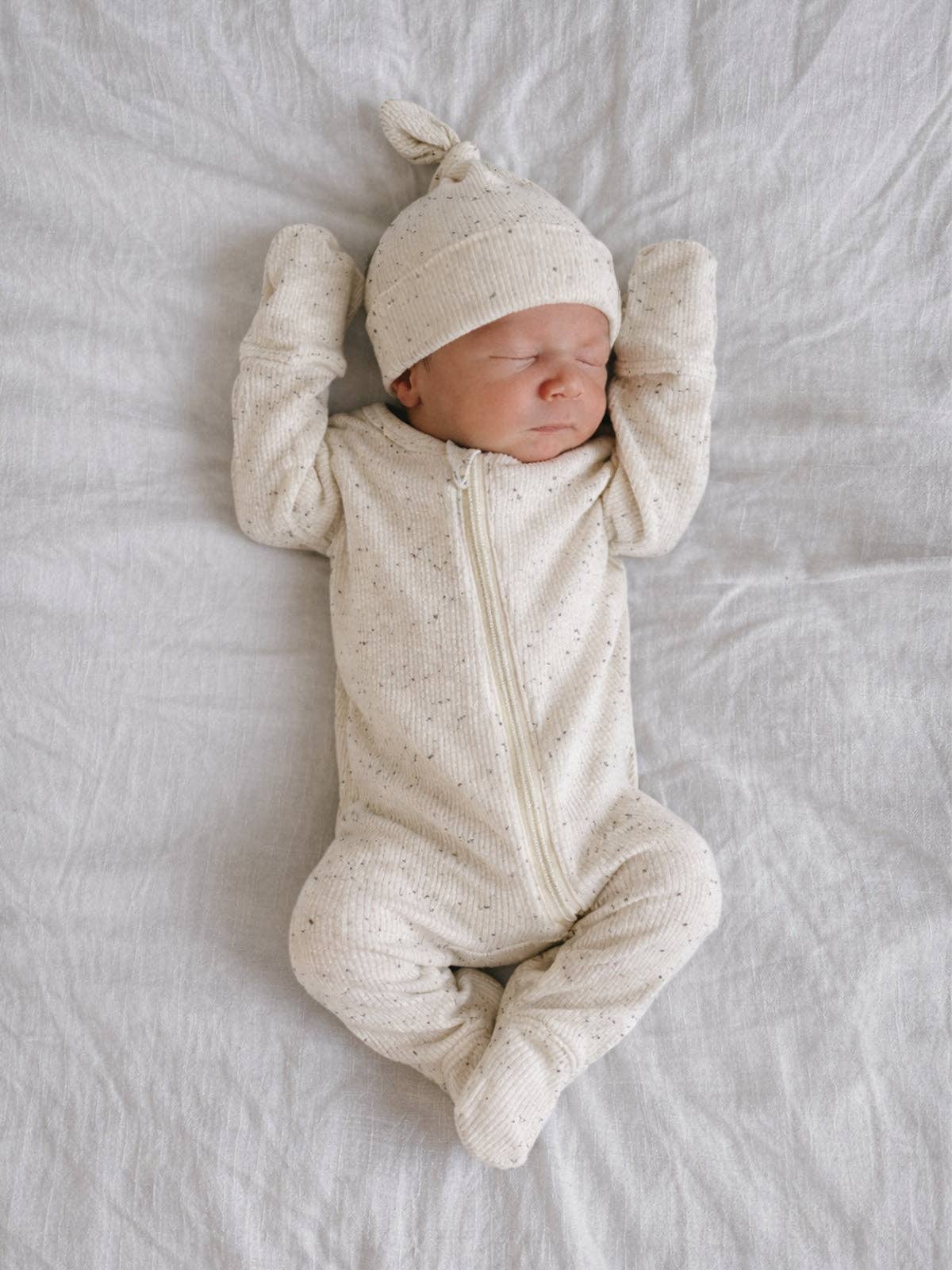 Cream Speckle Ribbed 2-Way Zip Footie baby lifestyle photo