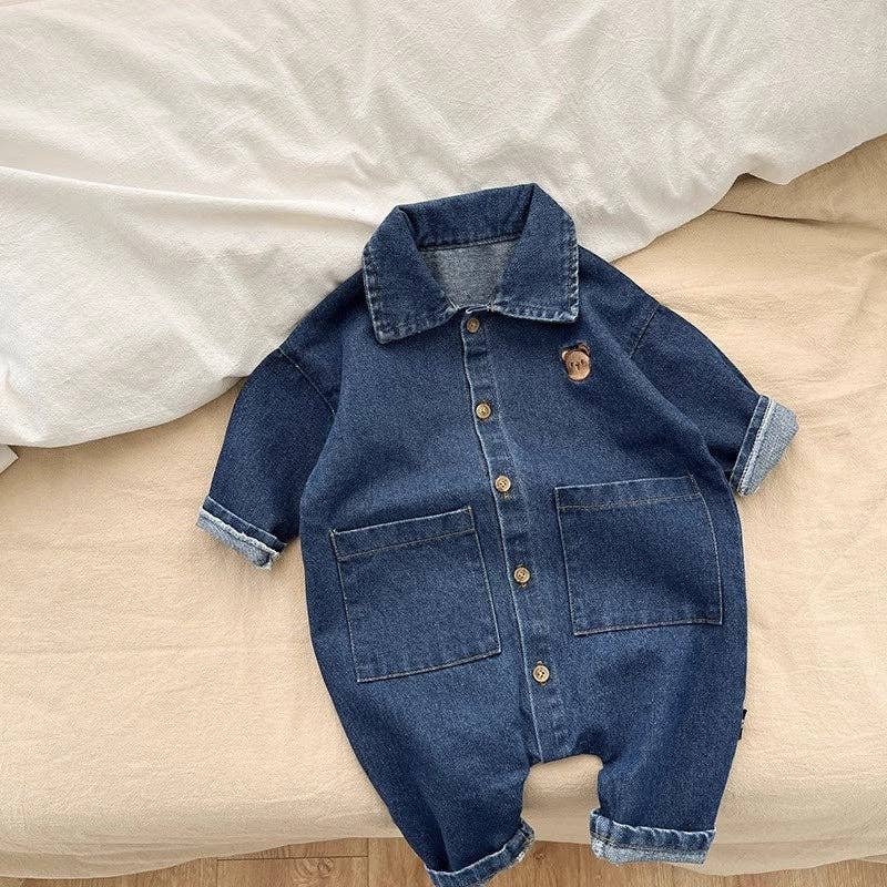 Bear Cub Denim Romper baby romper detail view