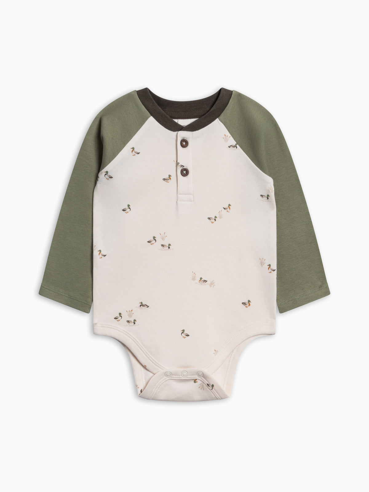 Lucas Raglan Henley Bodysuit Mallard organic baby bodysuit