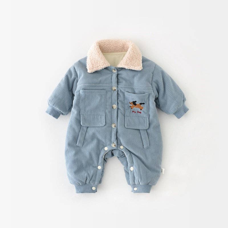 Blue Pup Corduroy Romper baby boy puppy print romper