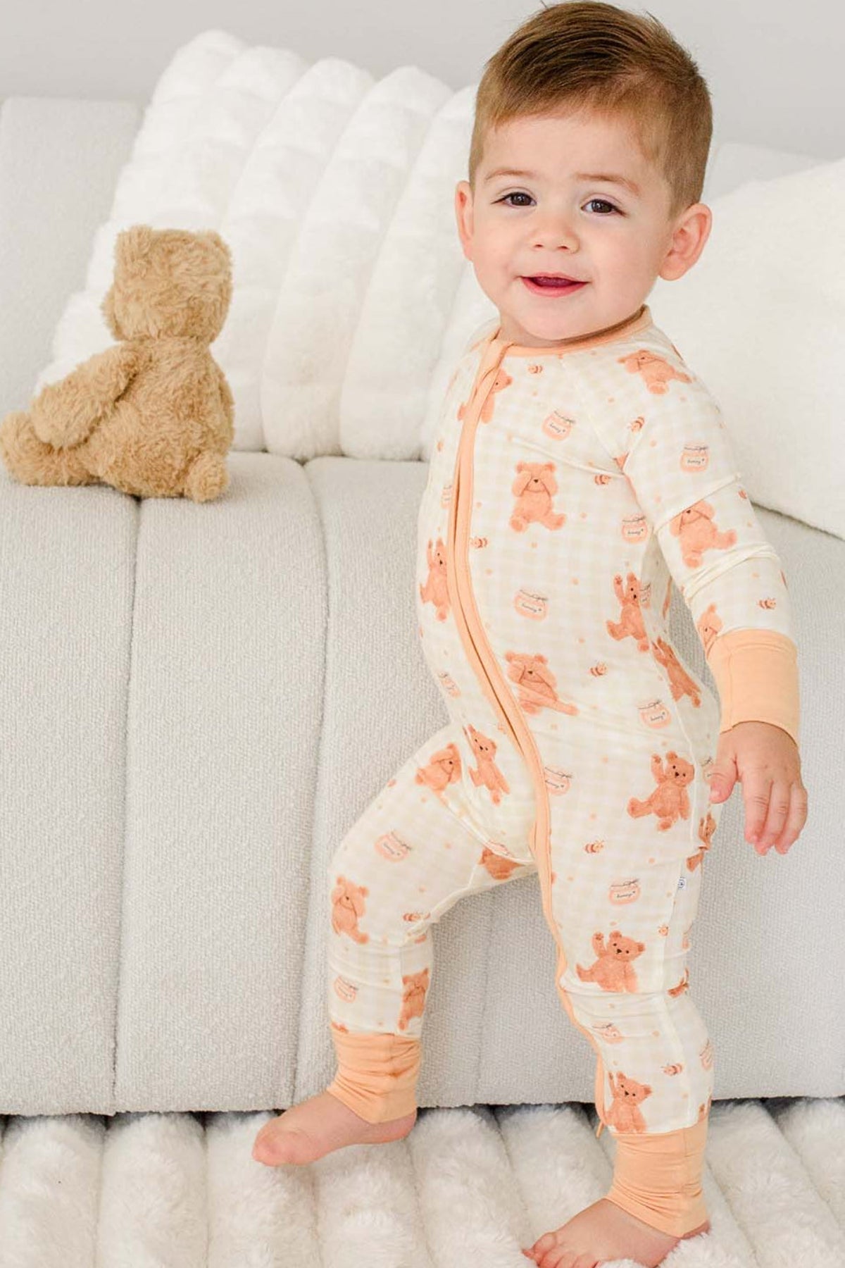 Convertible Zip Romper Honey Bear on couch