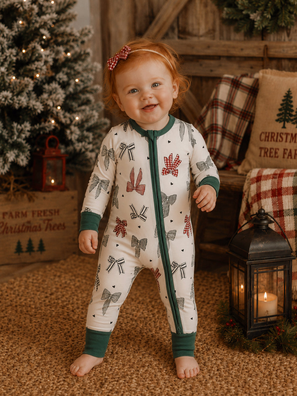 Toddler in Zip Romper Country Christmas Bows pajamas holiday lifestyle photo