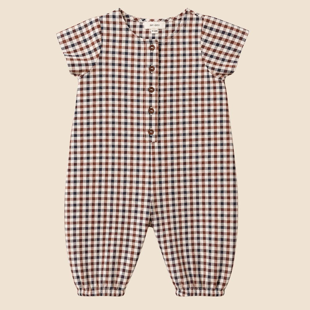Baby Boy Trevor Romper in Chestnut Gingham