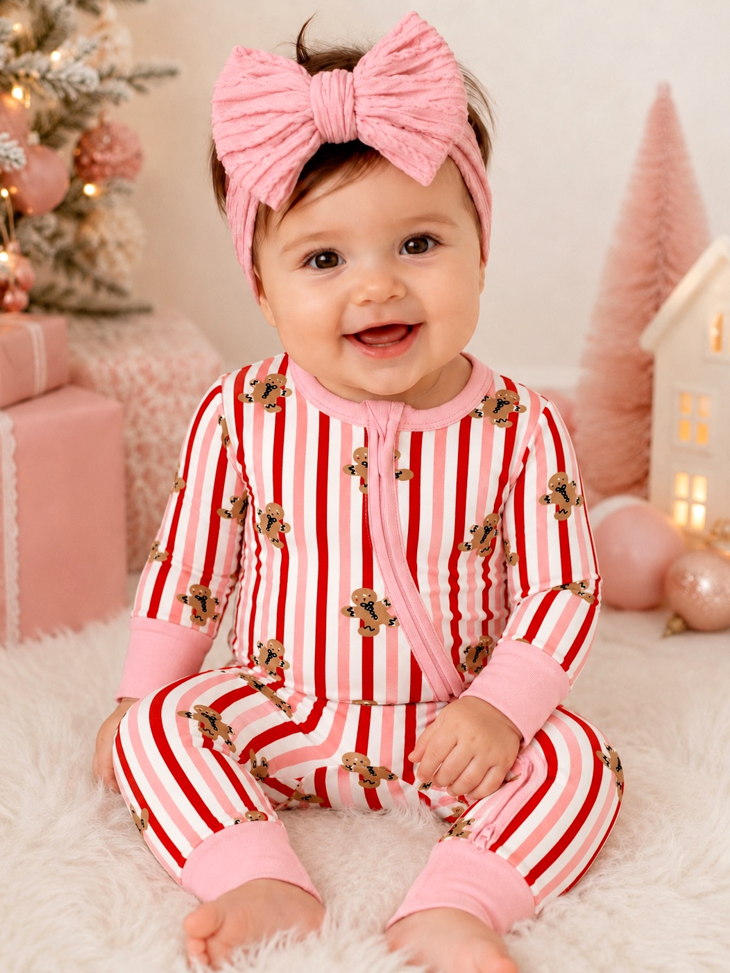 Smiling baby in Zip Romper Gingerbread Lane Pink pajamas lifestyle photo
