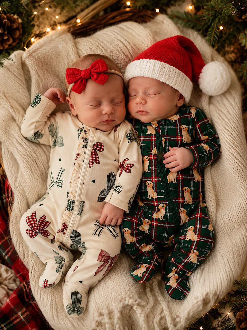 Two babies in matching Christmas pajamas lifestyle photo