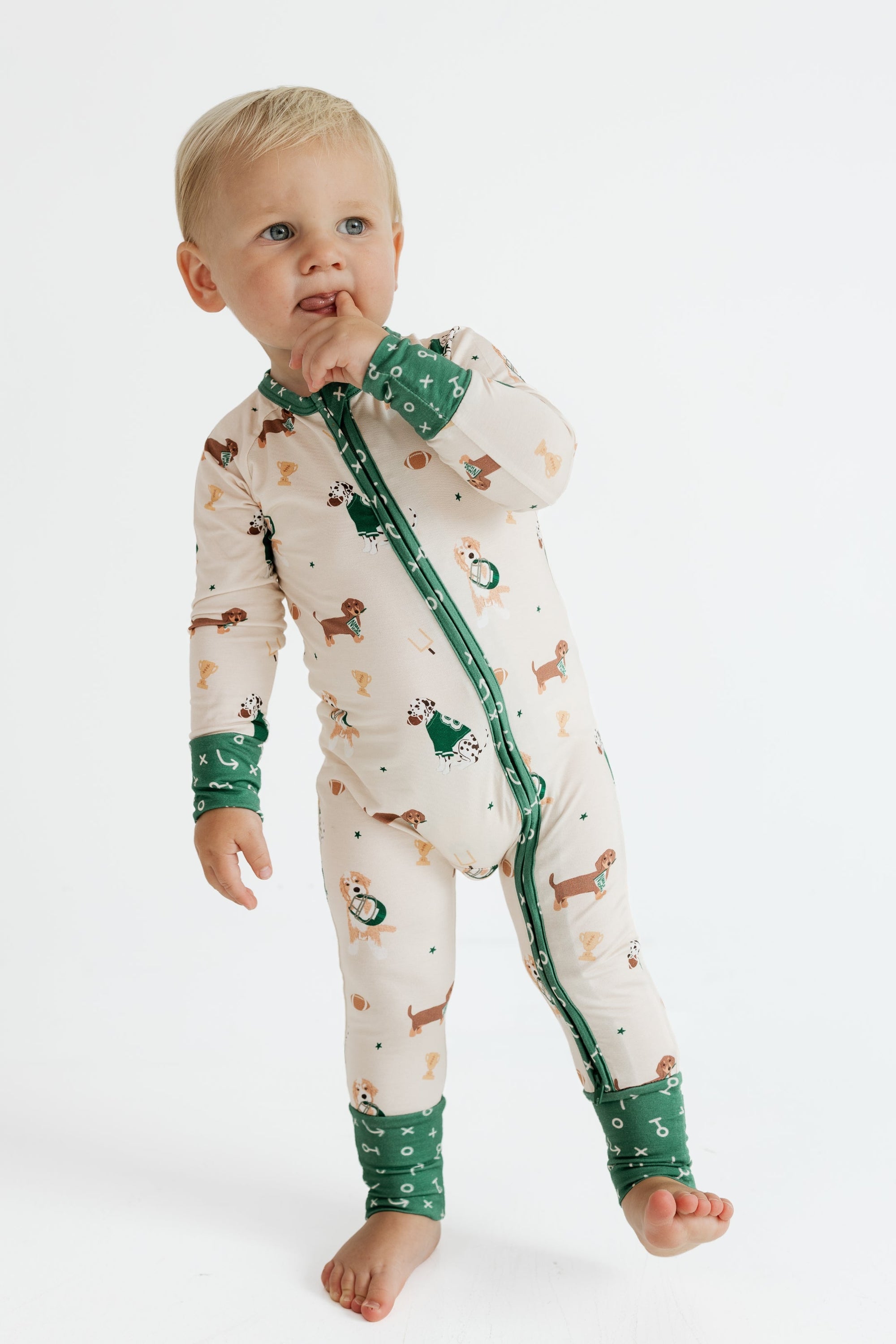 Varsity Pups Zipper Romper baby football print pajamas