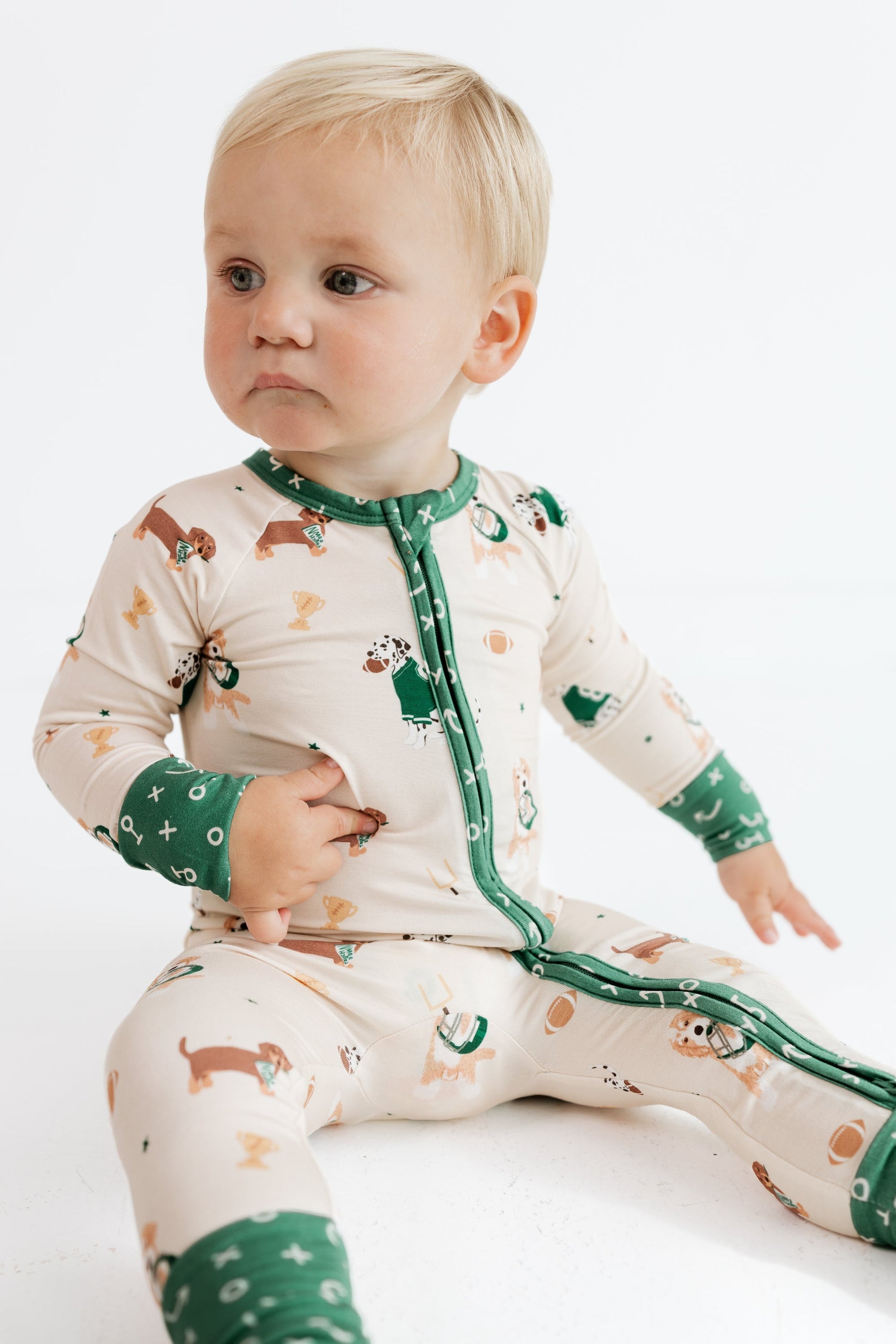 Varsity Pups Zipper Romper trim and zipper detail