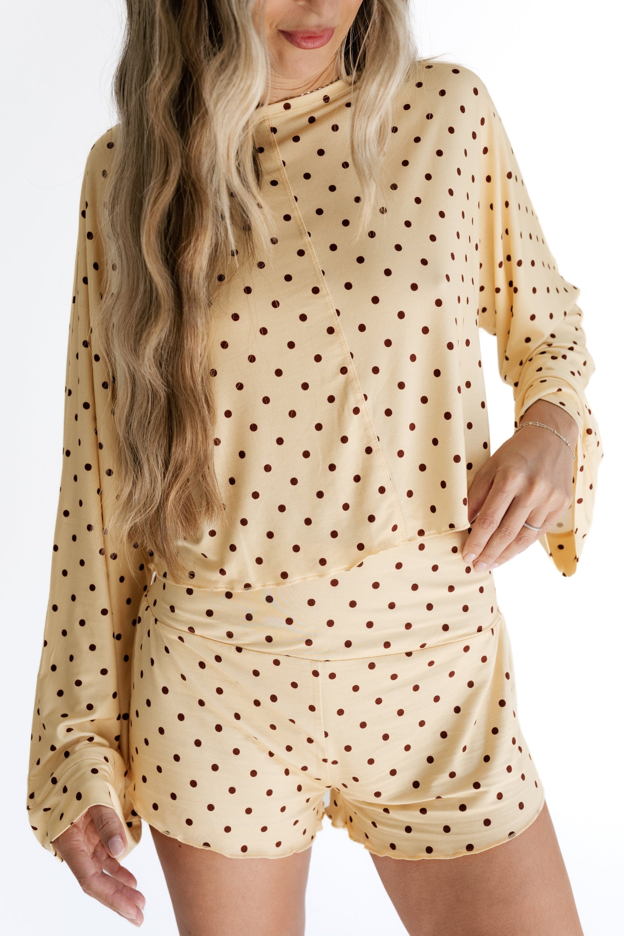 Yellow and Brown Polka Dot Women's Relaxed Sleeve Set detail view