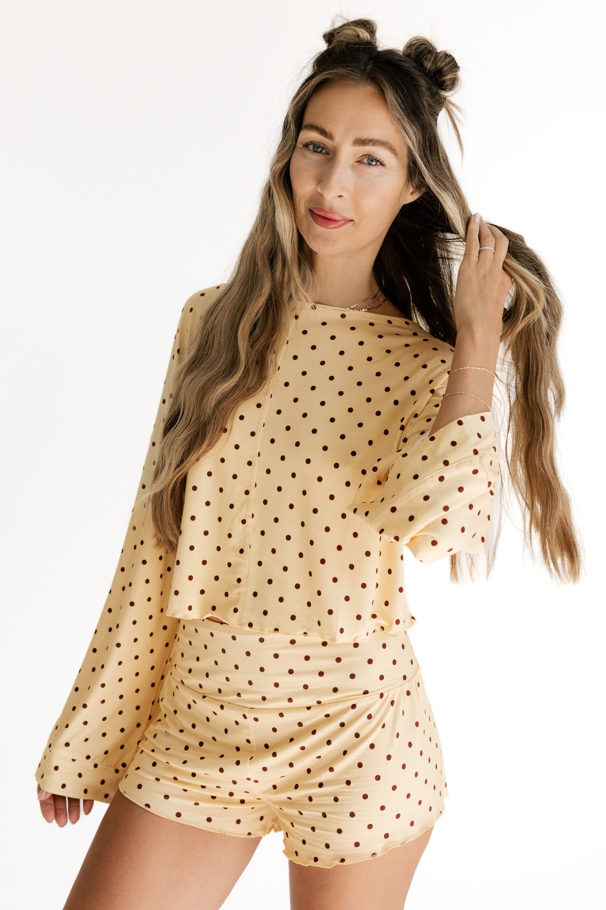 Yellow and Brown Polka Dot Women's Relaxed Sleeve Set fabric detail