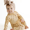 Yellow and Brown Polka Dot Zipper Romper baby lifestyle photo