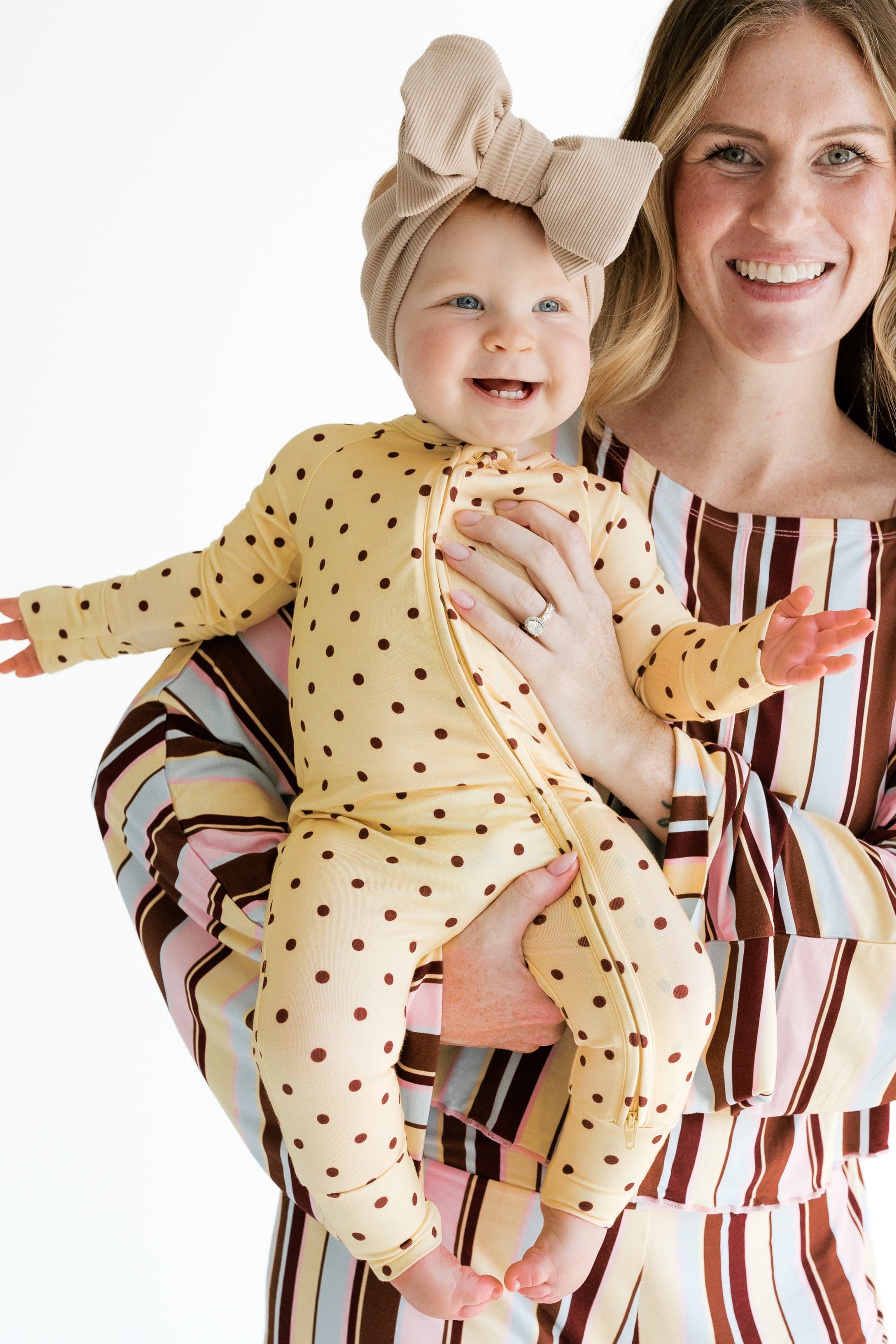 Yellow and Brown Polka Dot Zipper Romper zipper detail