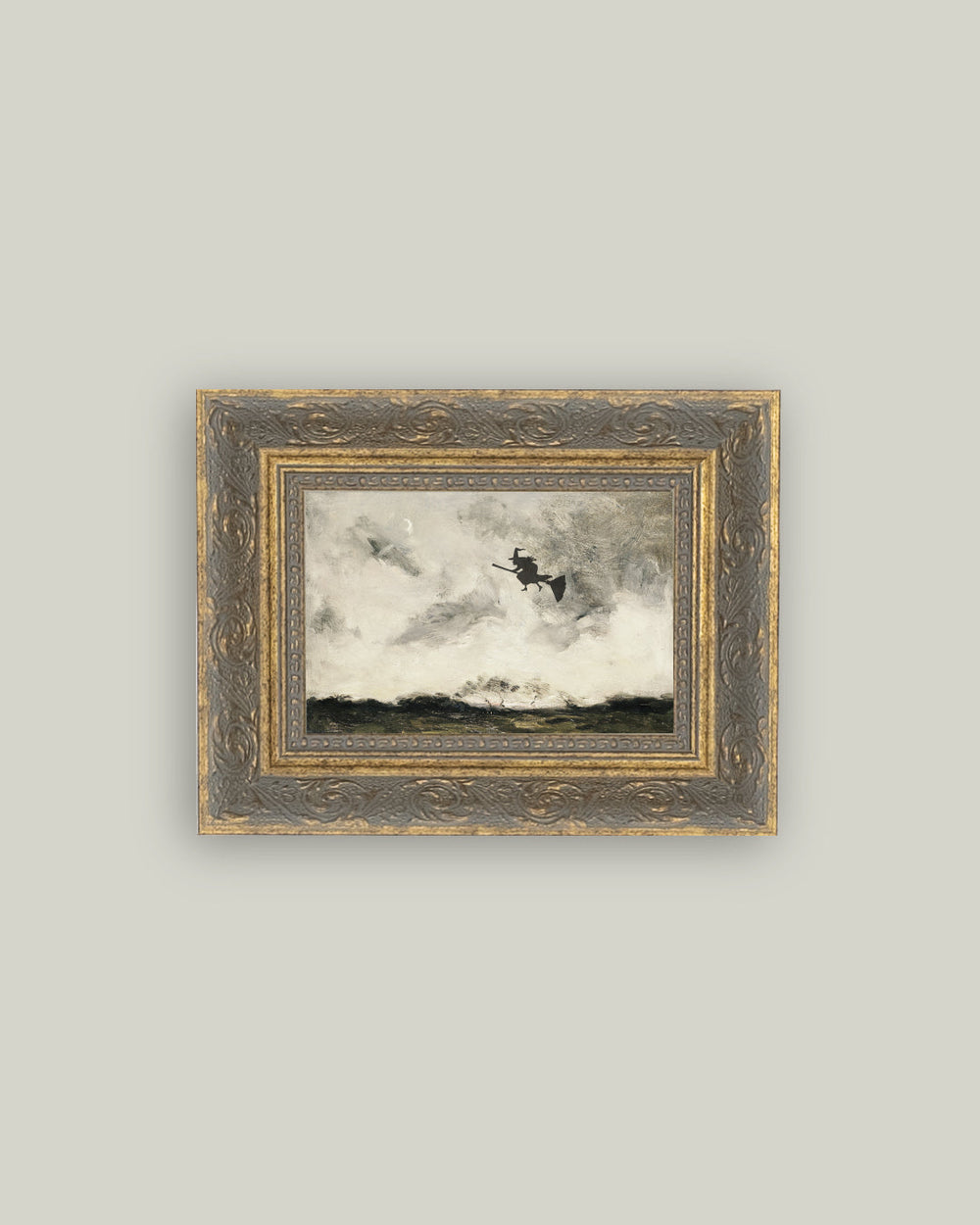 Witch Flying Through the Night framed antique art 10x8
