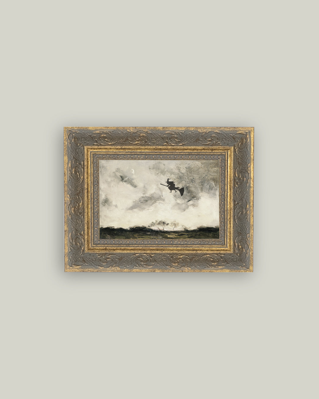 Witch Flying Through the Night framed antique art 10x8