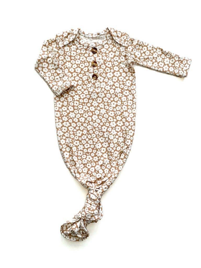 Knotted Baby Gown - Mocha Ditsy Floral: Gown and Bow Turban