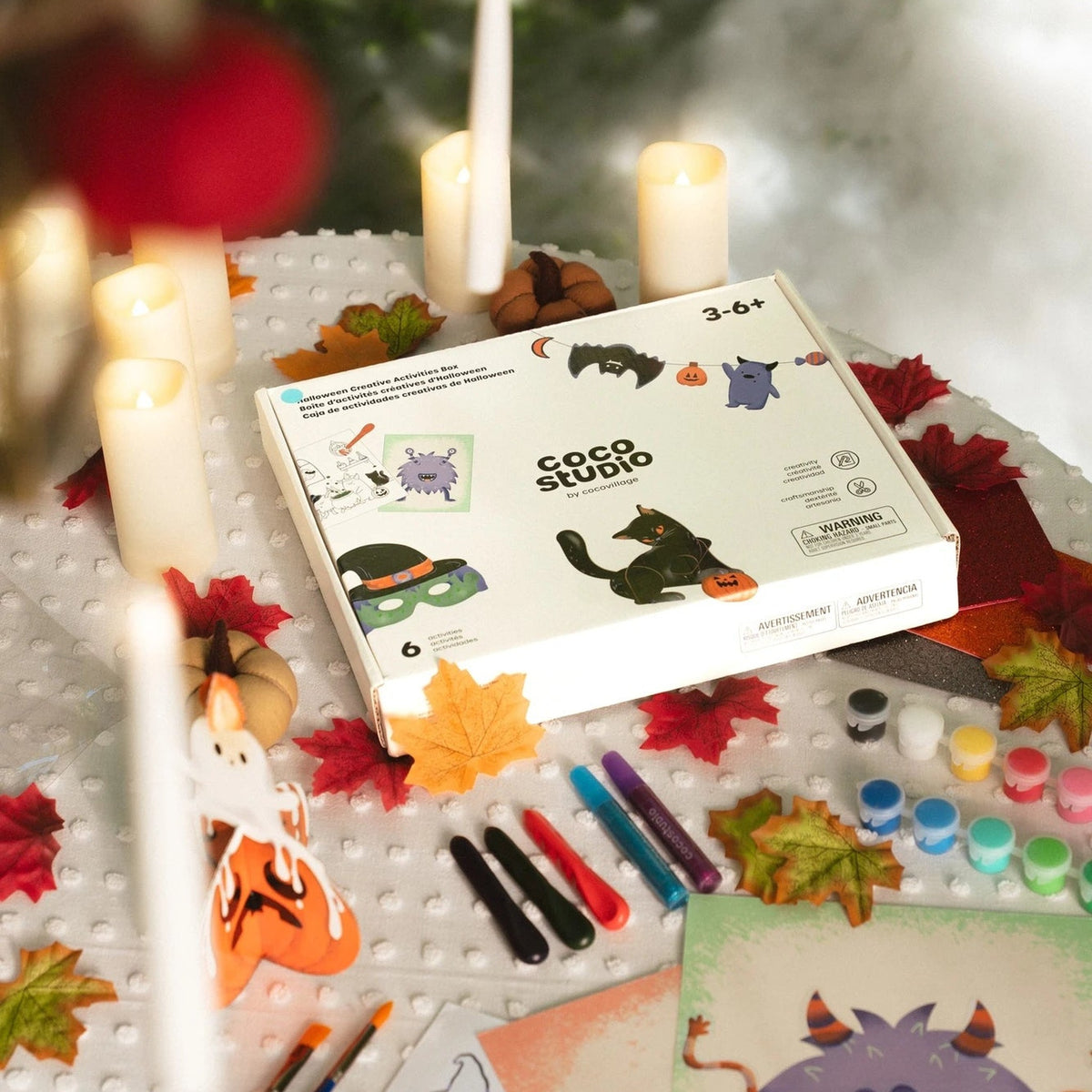 Halloween Creative Activities Box with finished crafts