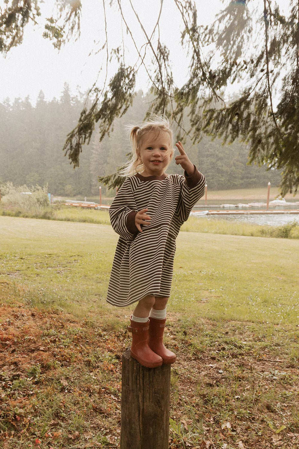 Kelsey Dress in Turtledove Chocolate Stripe girls organic cotton dress