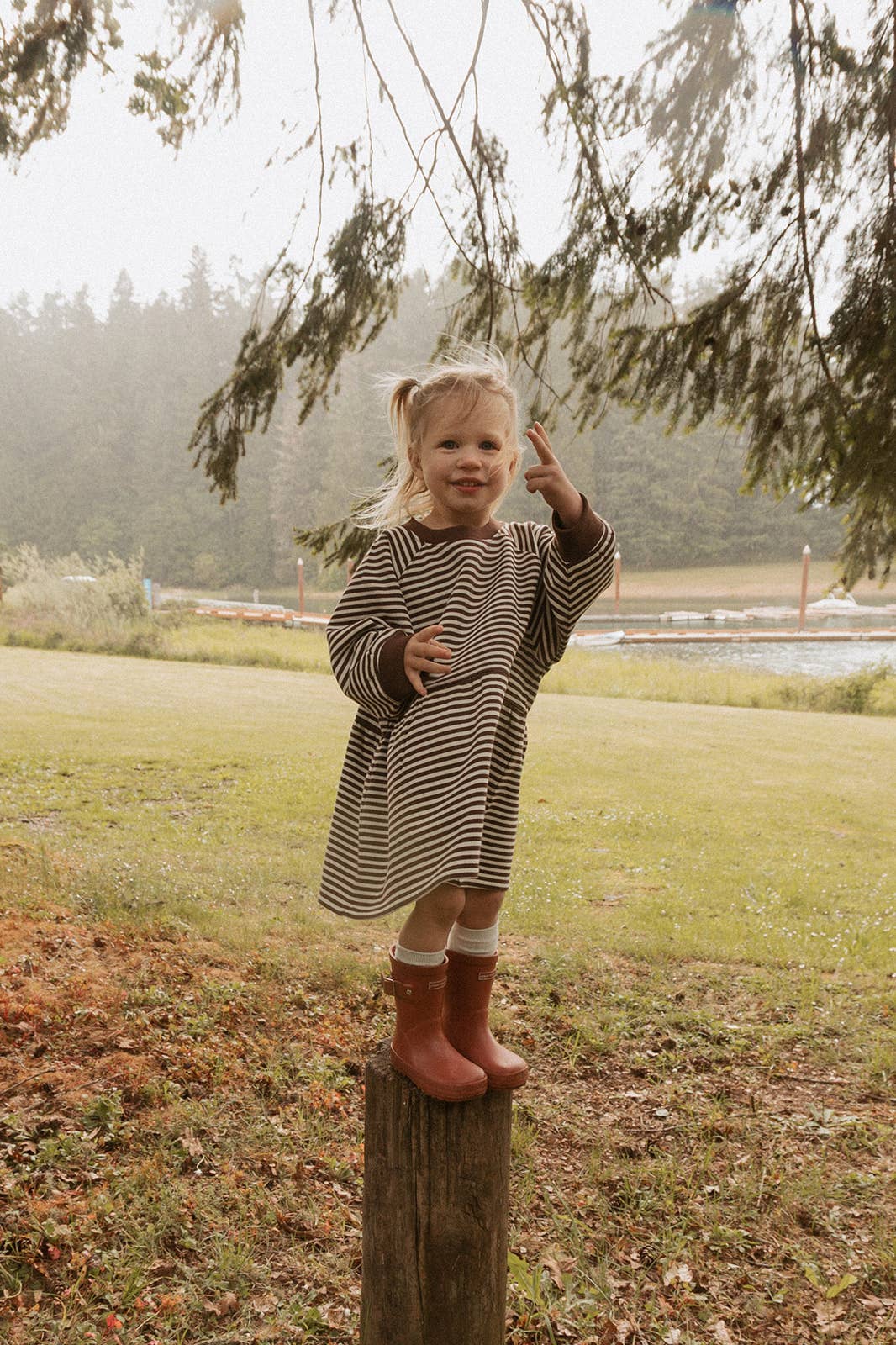 Kelsey Dress in Turtledove Chocolate Stripe girls organic cotton dress