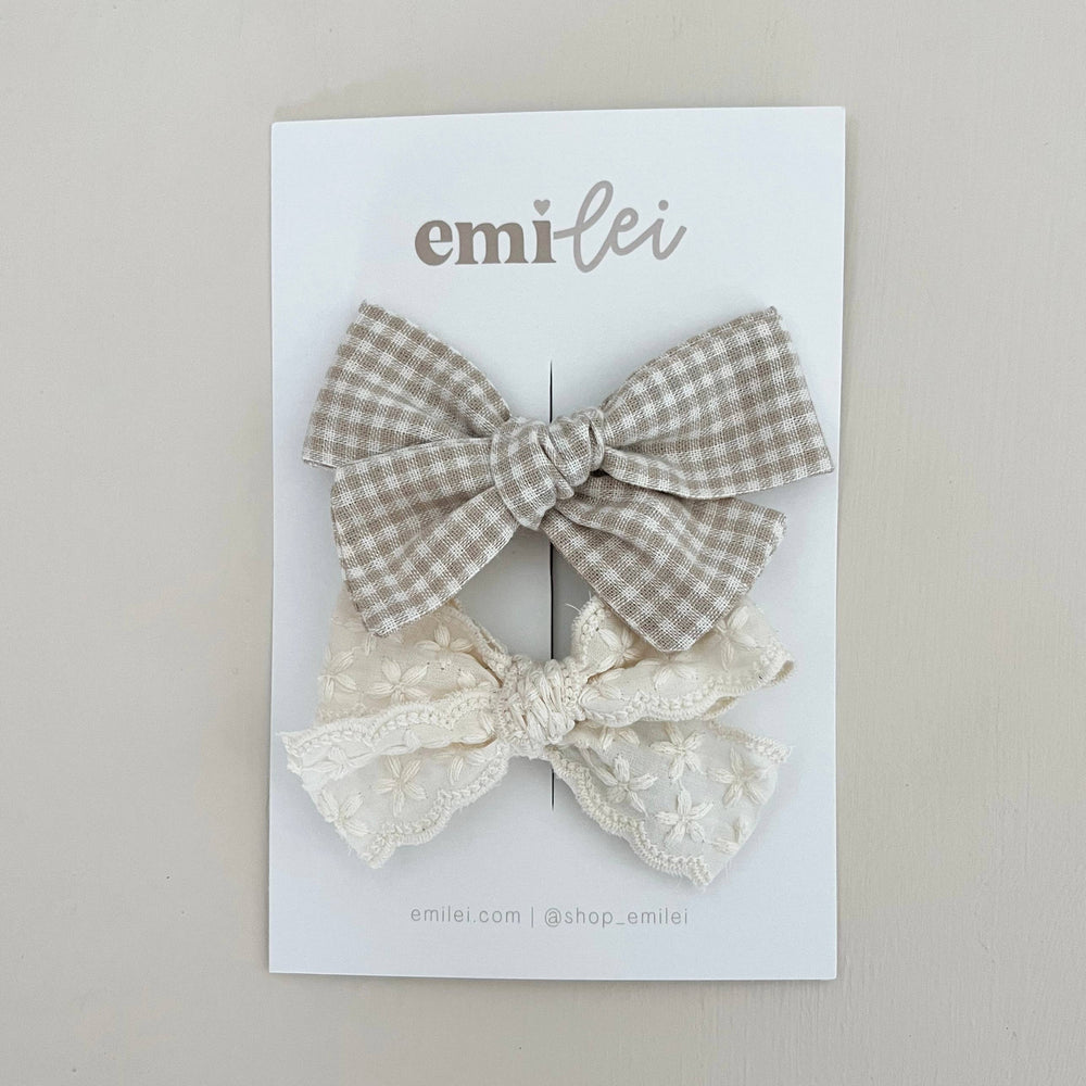 Alligator Clip Bow Set - Taupe Mini Check & Linen Lace