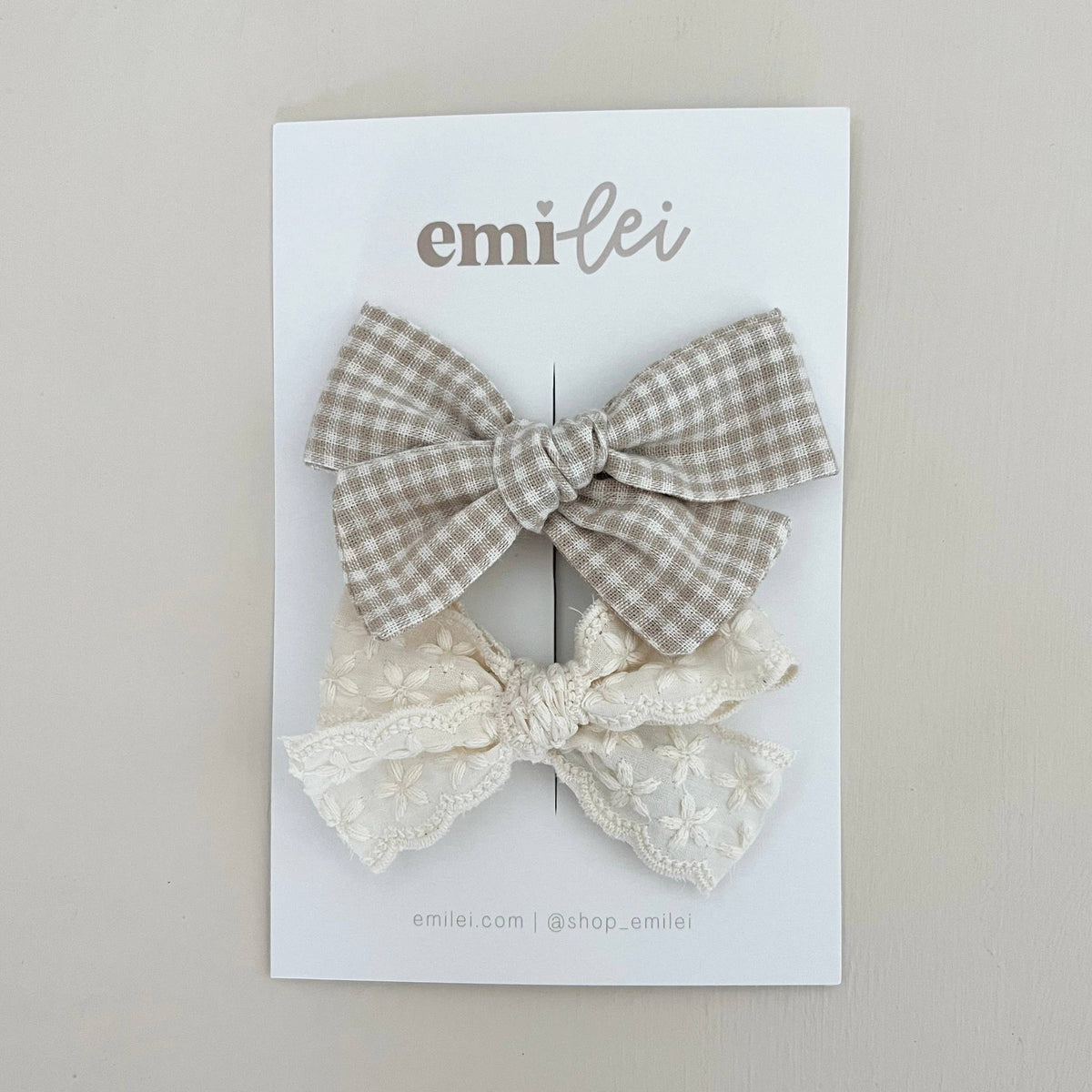 Alligator Clip Bow Set - Taupe Mini Check & Linen Lace