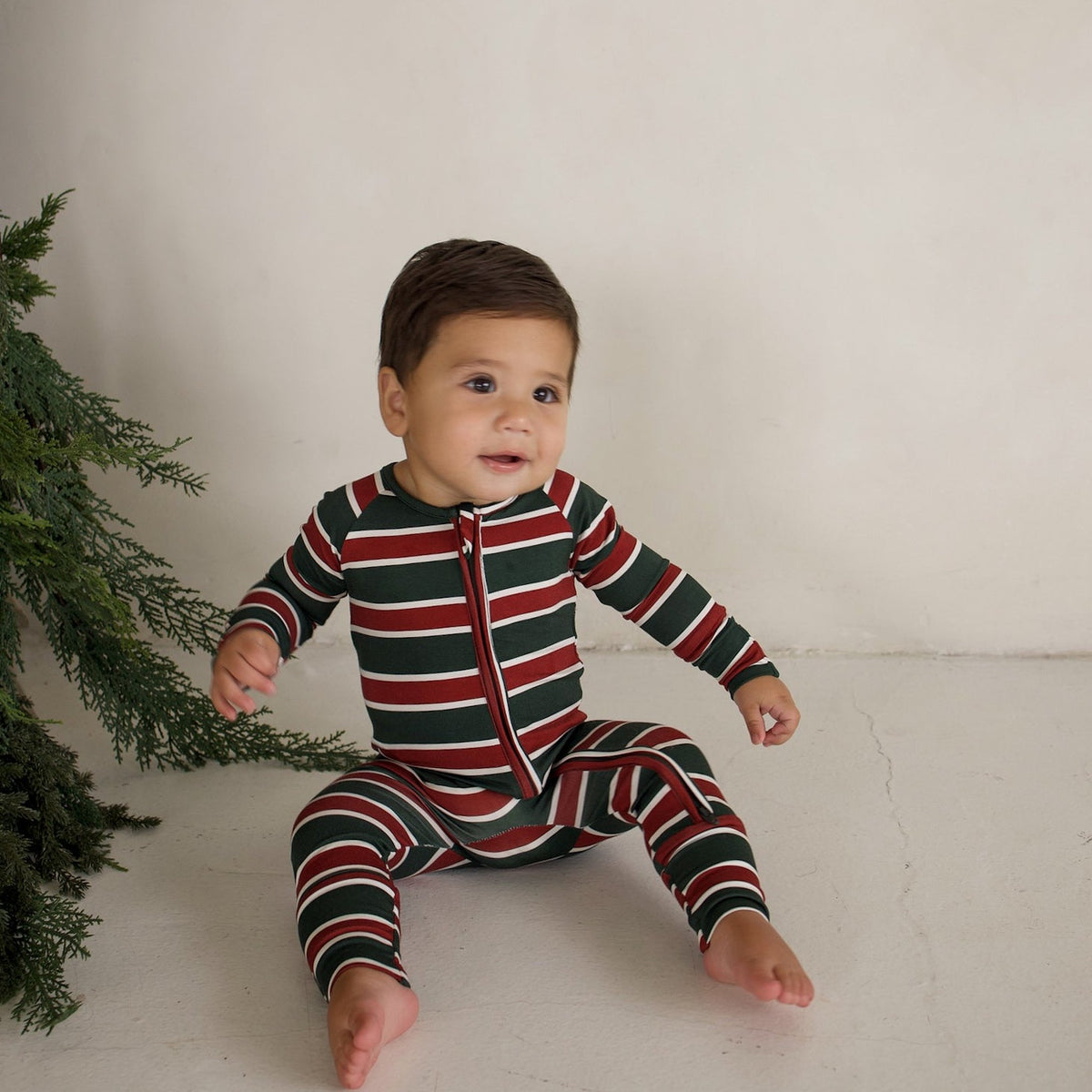 Holiday Stripe Zip Pajamas - sitting