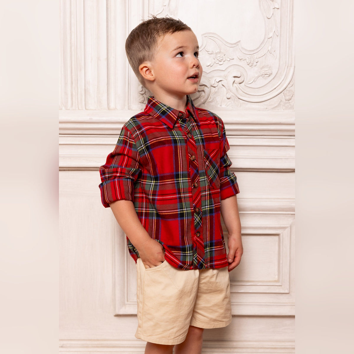Boys John Shirt in Holiday Plaid - worn