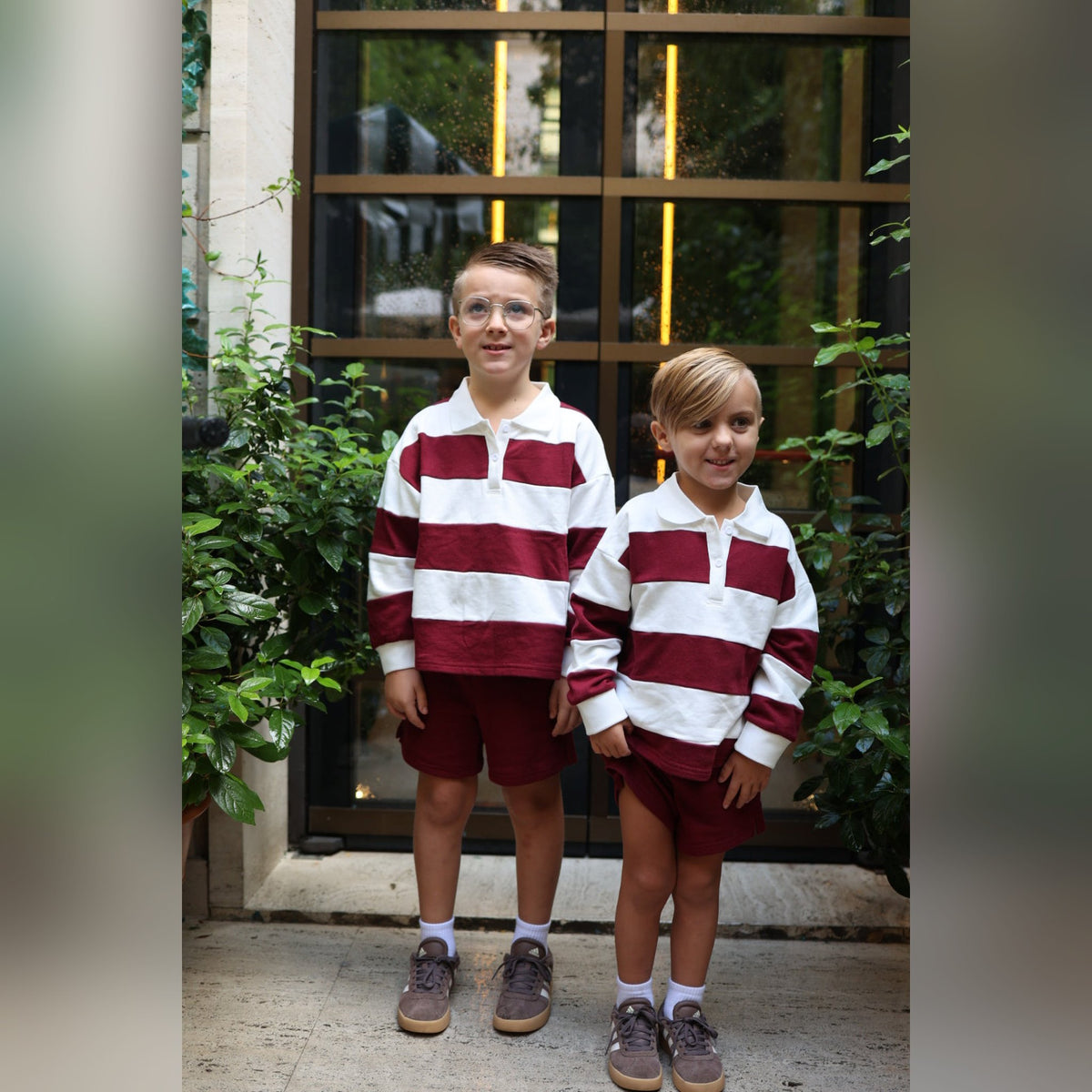Brothers in matching Deep Cranberry Rugby Sweatshirts