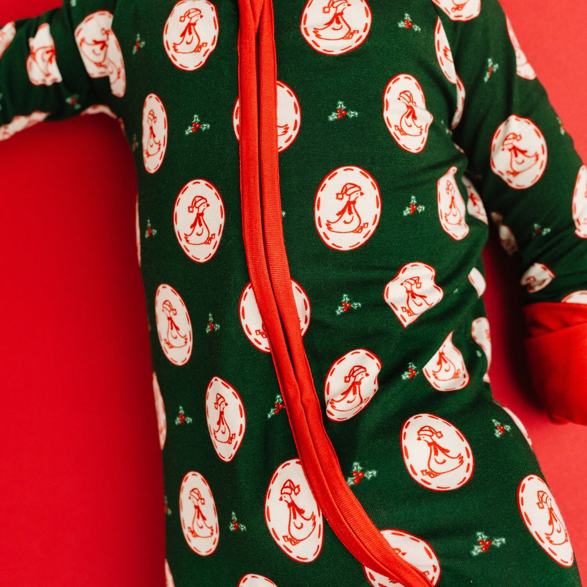 Christmas Goose Sleeper - zipper and print detail