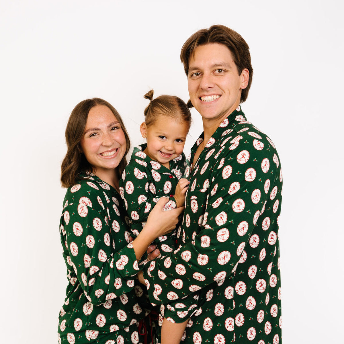 Family in matching Christmas Goose pajamas