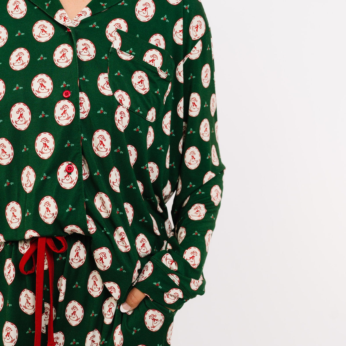 Christmas Goose Women's Pajama Set - drawstring and pocket detail