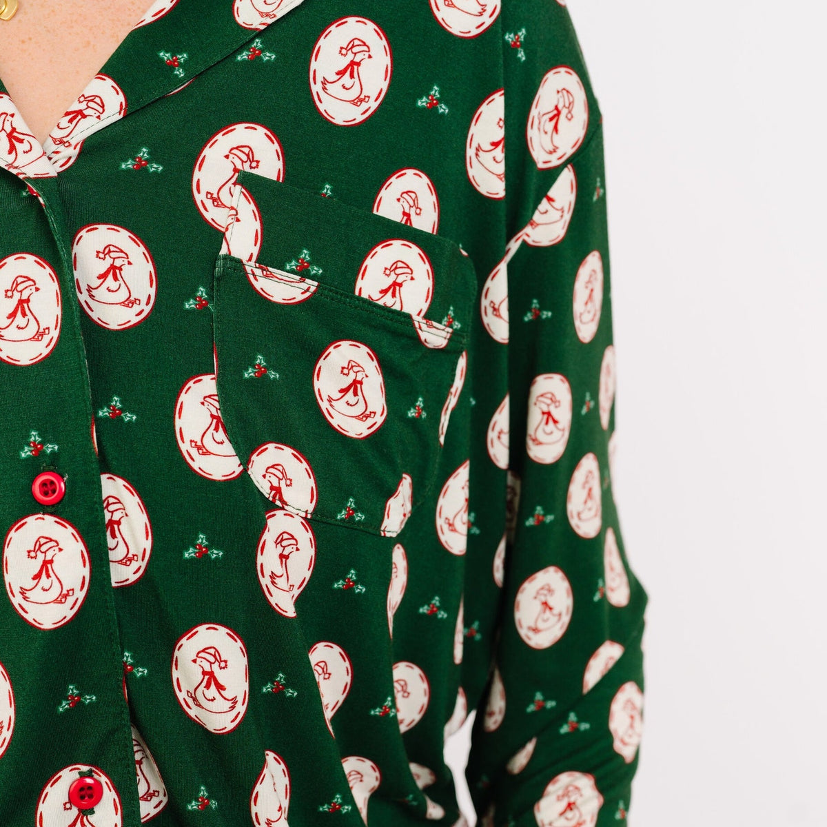 Christmas Goose print collar and button detail