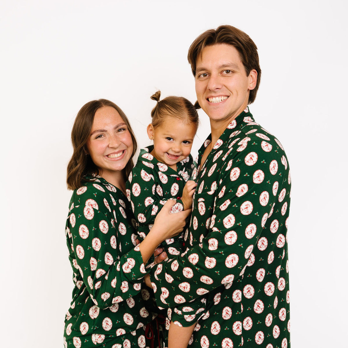 Family in matching Christmas Goose pajamas
