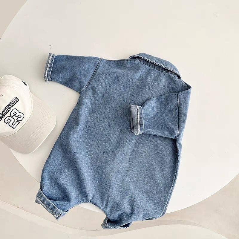 Bear Cub Denim Romper bear print detail