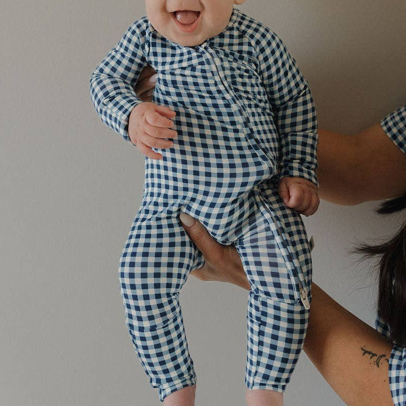 Blue Gingham Bamboo Zip Pajamas
