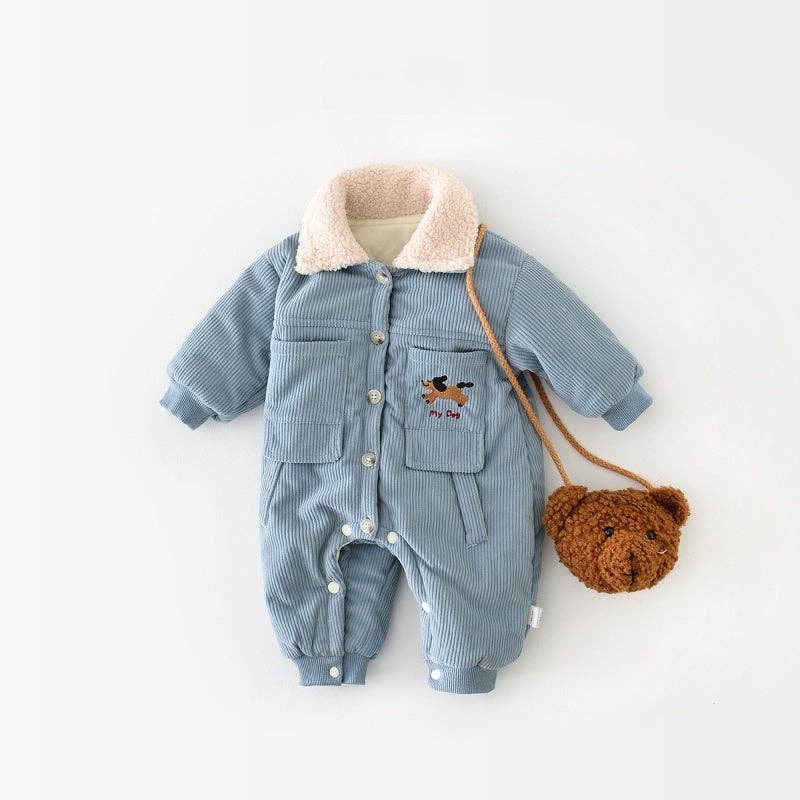 Blue Pup Corduroy Romper baby romper detail view