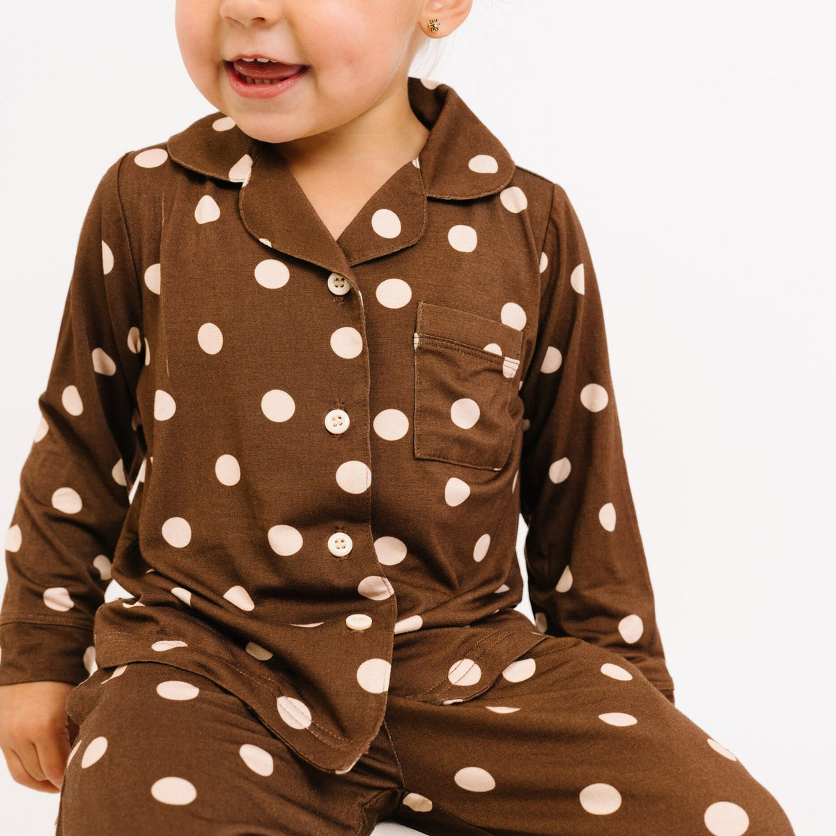 Espresso Polkadot Bamboo Button Up Set - close-up