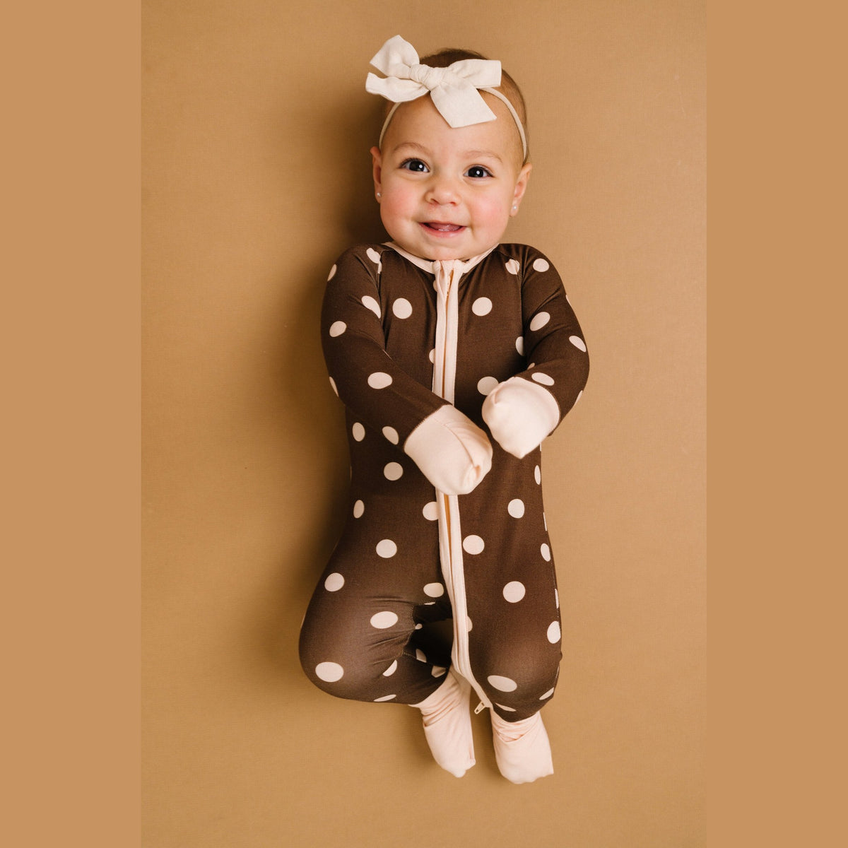 Espresso Polkadot Bamboo Sleeper - fold-over mittens