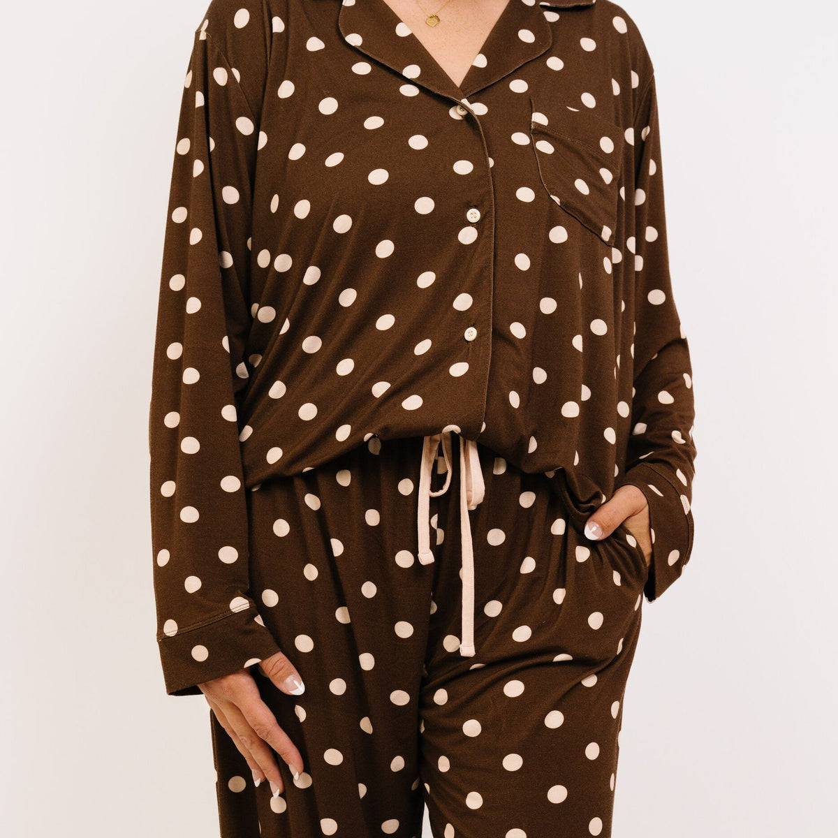 Espresso Polkadot Women's Bamboo Pajama Set - front detail