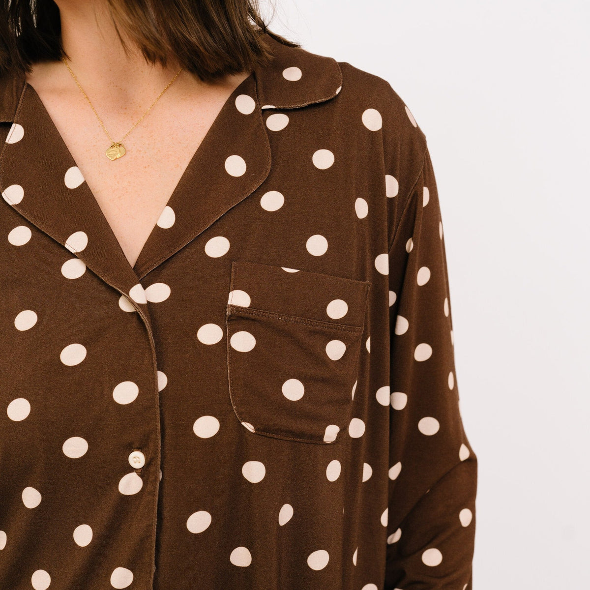 Espresso Polkadot Women's Bamboo Pajama Set - collar and pocket