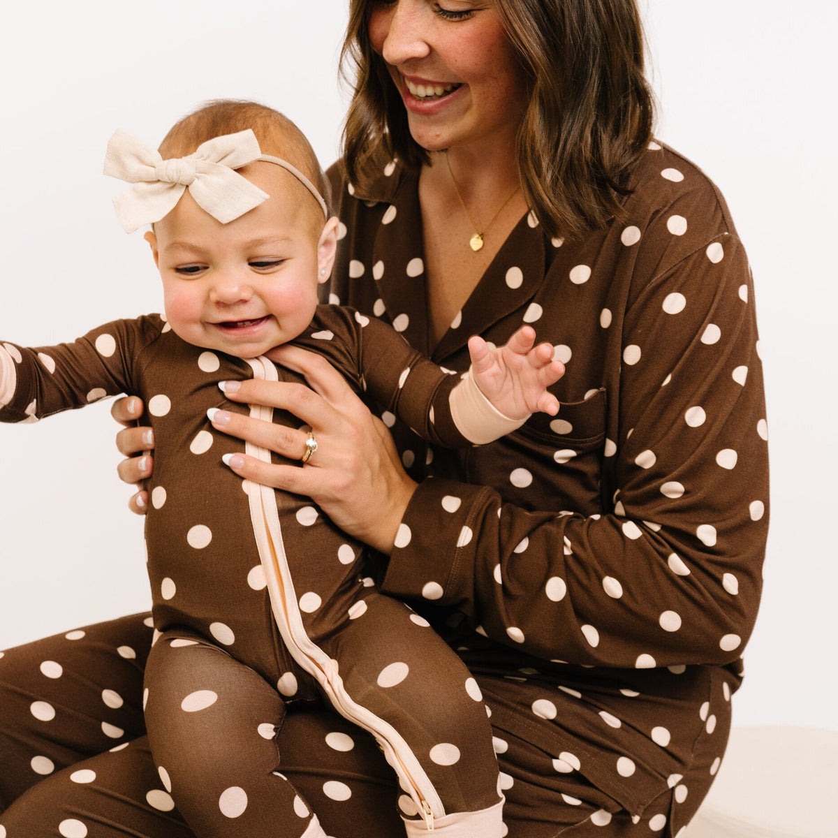 Espresso Polkadot matching mama and baby pajamas