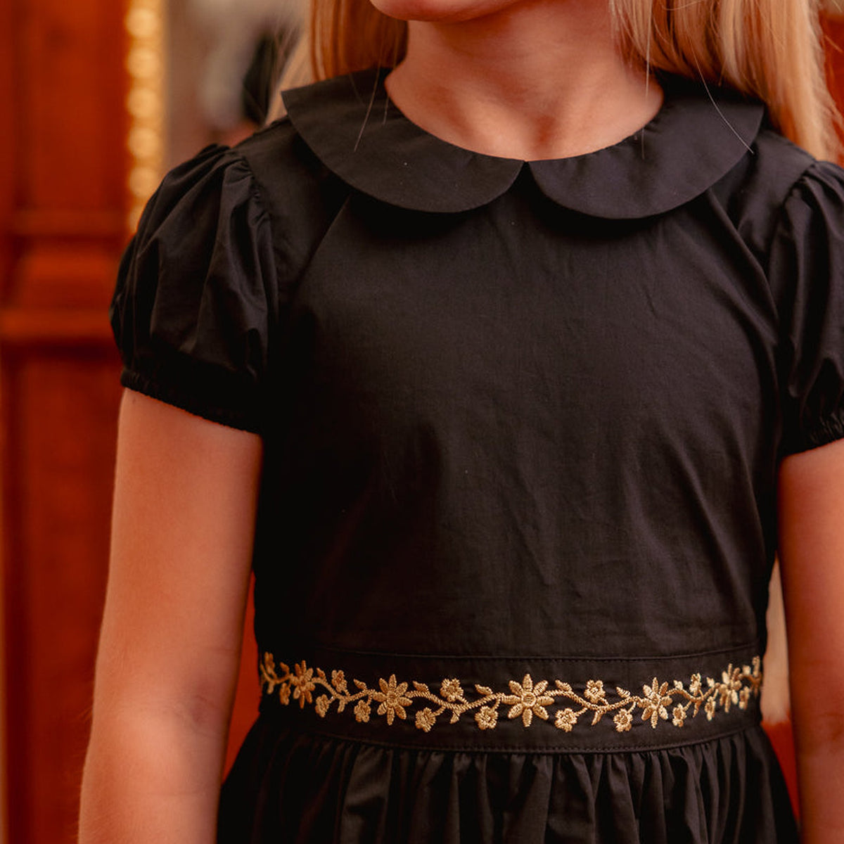 Mini Murphy Dress in Black - collar and gold waist detail
