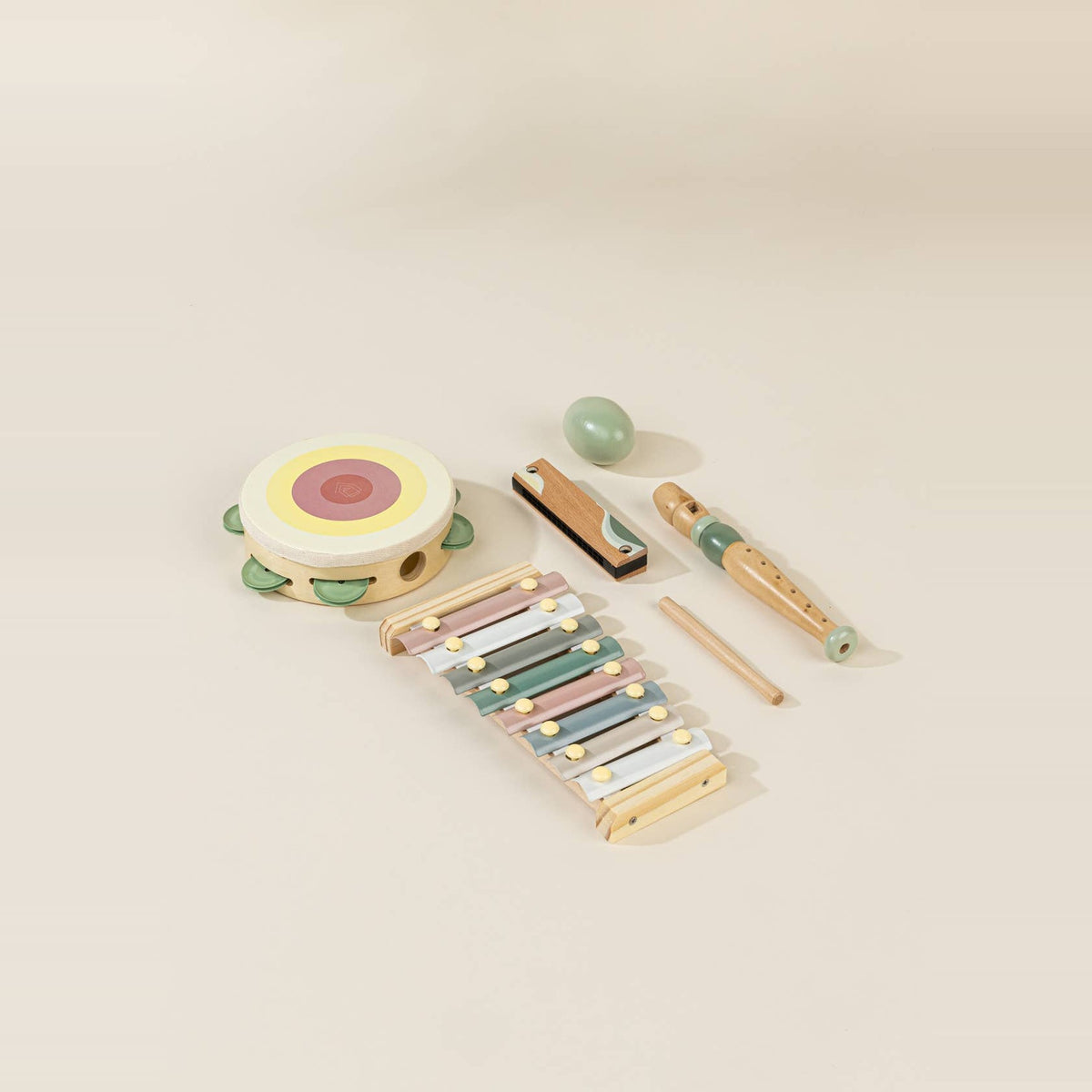 Wooden musical instruments set laid out