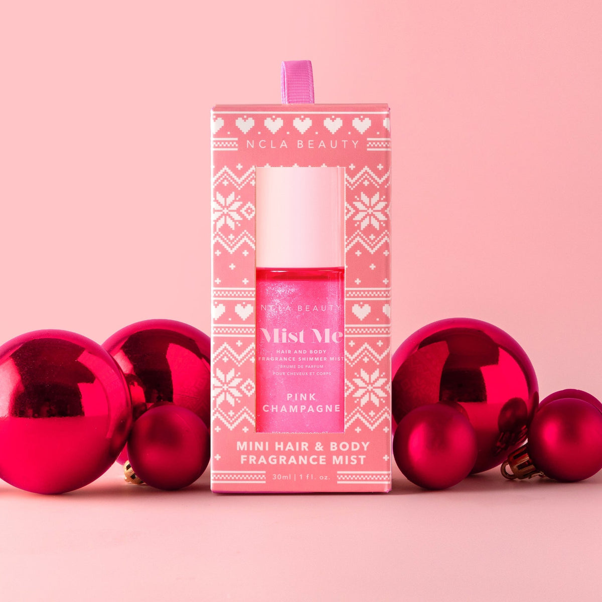 Pink Champagne Shimmer Mist gift box with ornaments