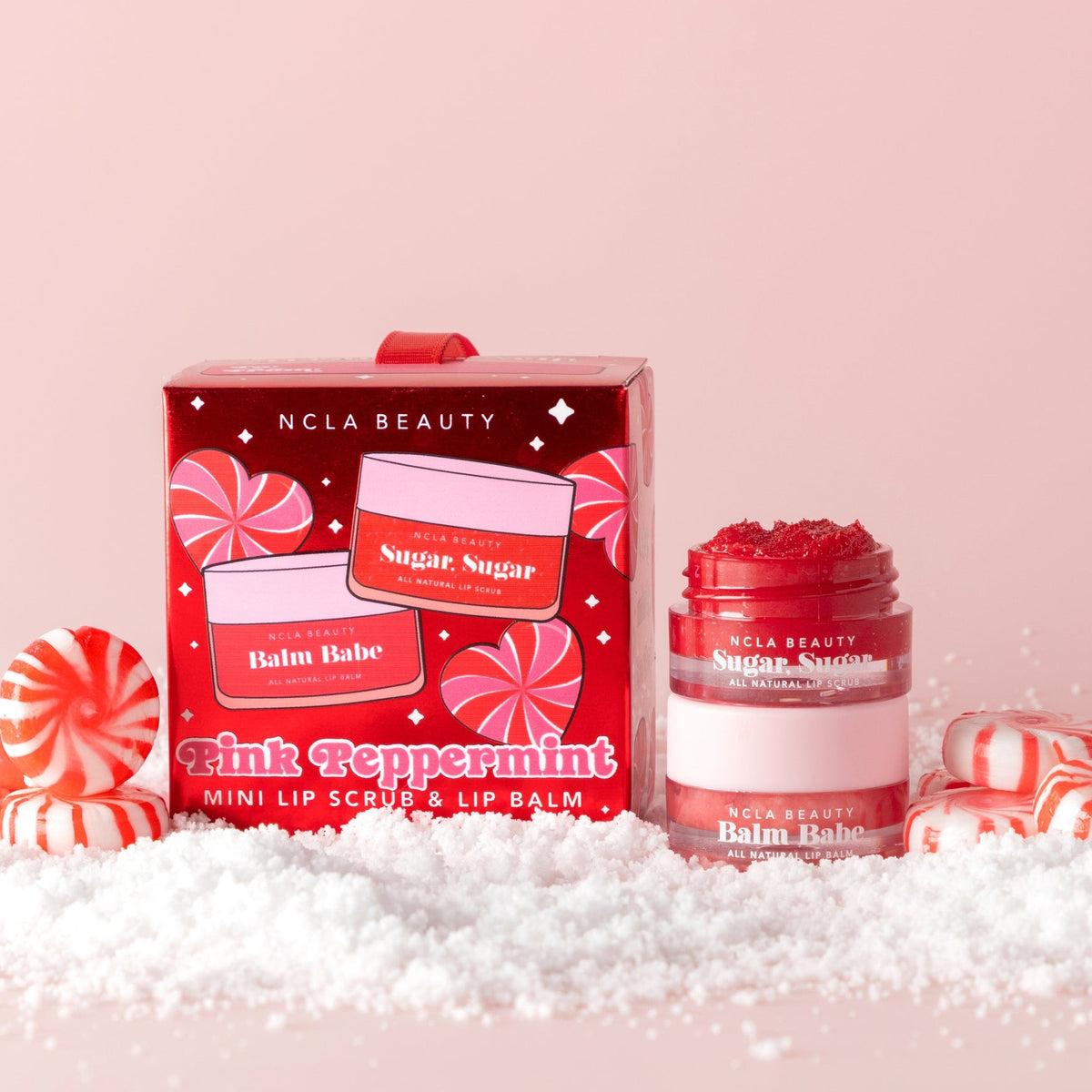 Pink Peppermint lip scrub and balm ornament with candy canes