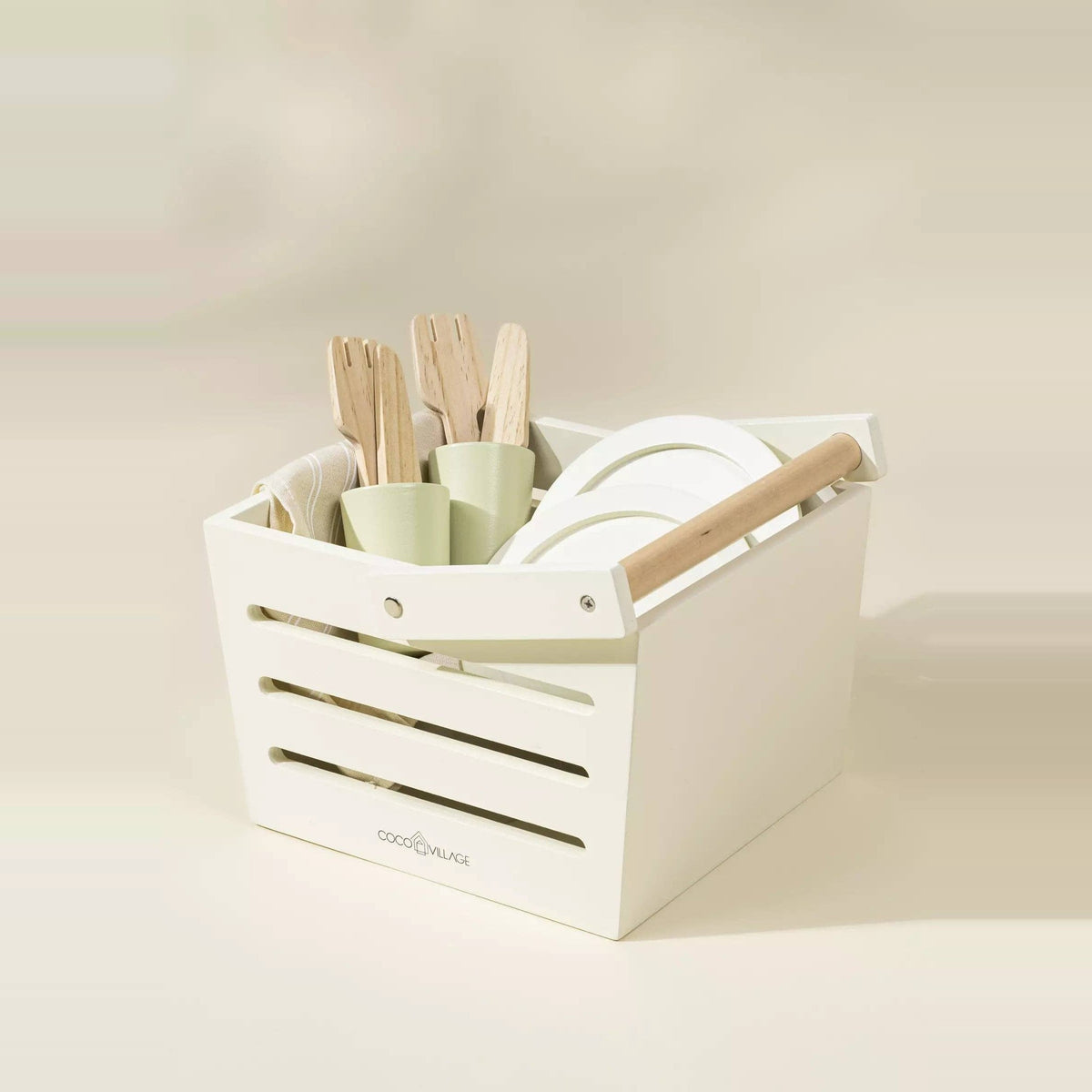 Wooden picnic basket packed