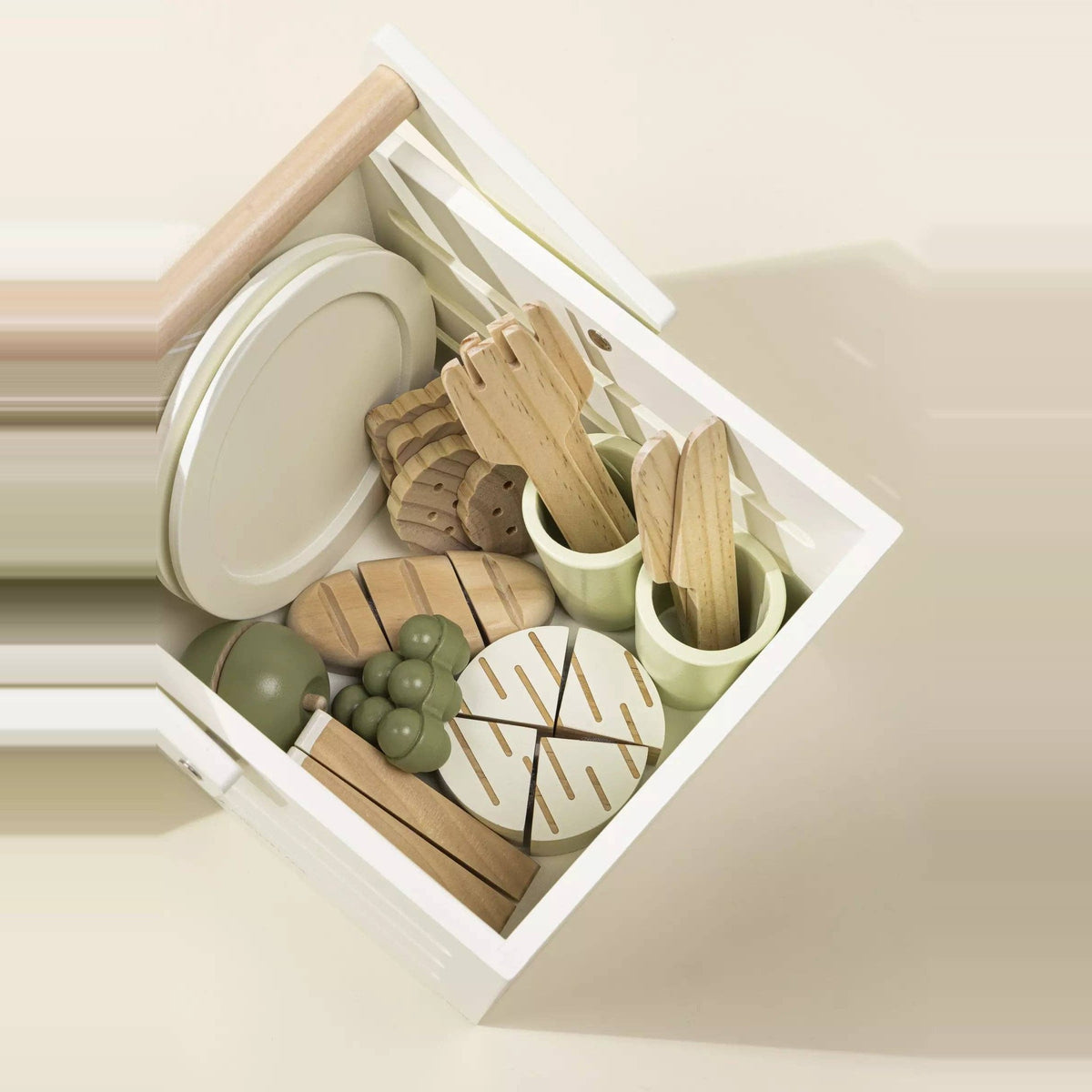 Wooden picnic basket from above